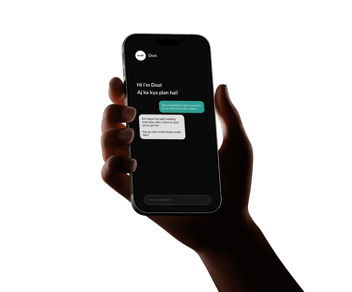 Hand holding a phone with WhatsApp and Dost